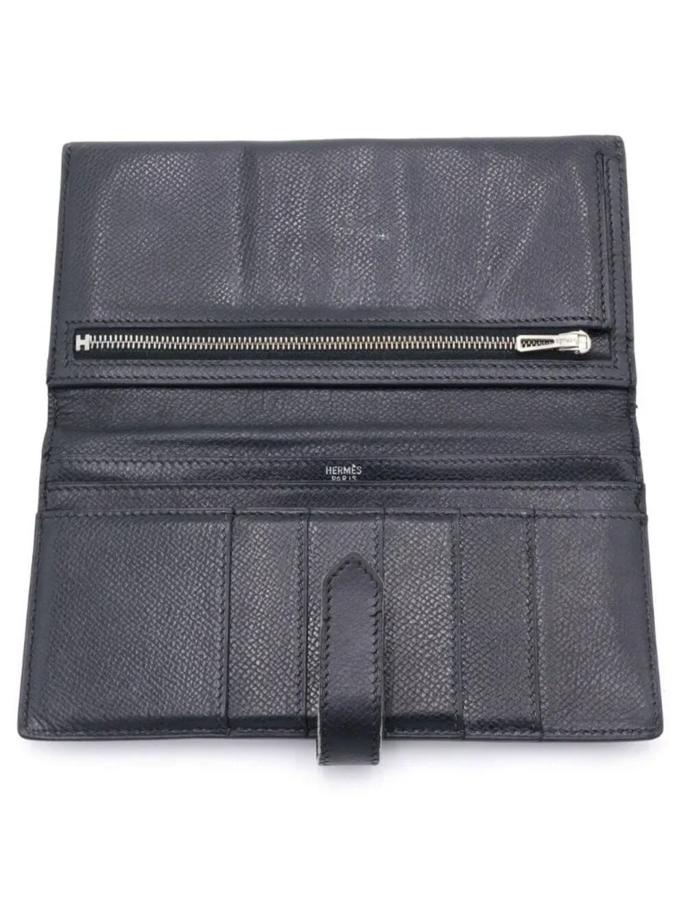 Hermes Bearn Classic Wallet Card Case Black Veau Epsom Silver
